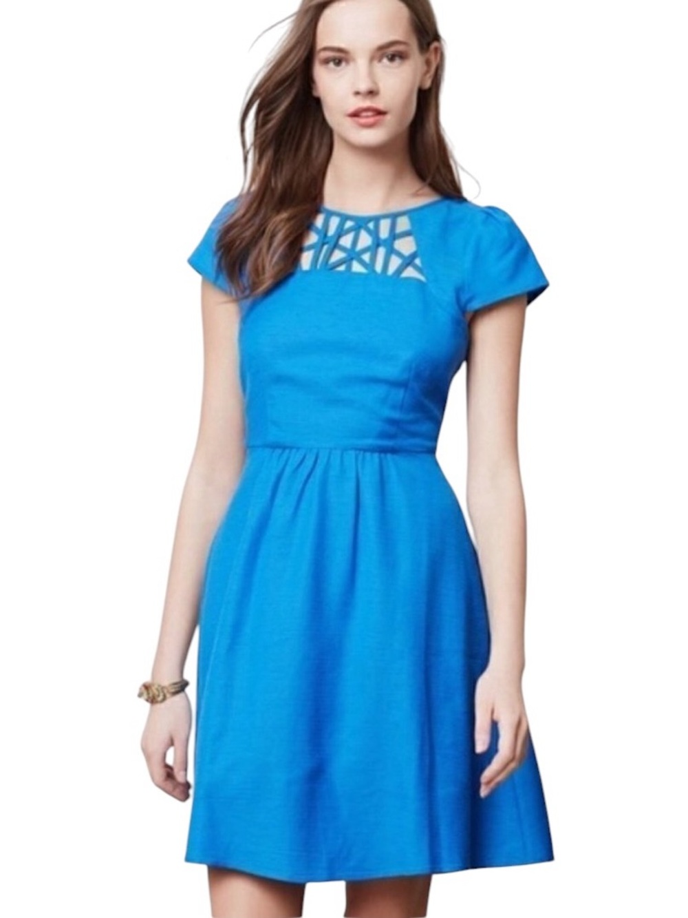 Anthropologie Maeve Aria Blue Lattice Cutout Flared Mini Dress - 4